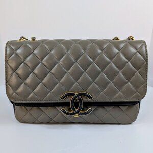 Chanel Two Tone Gray Navy Large Double Flap Bag